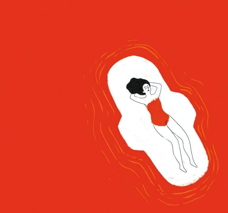 Woman lies in a red swimsuit on a pad in a pool of red blood to represent her period/menstrual cycle. The vibe is calm, serene, and accepting.