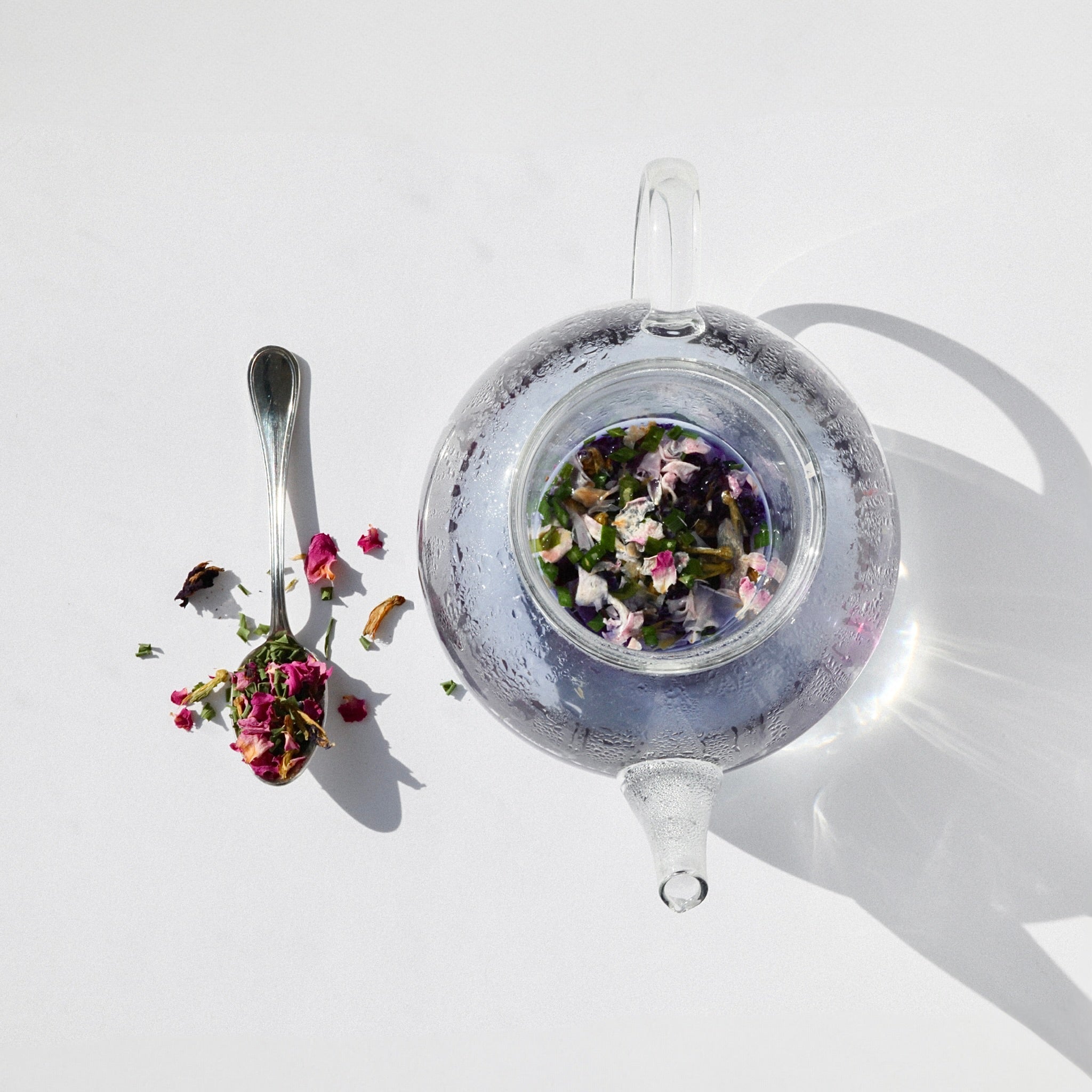 Purple blue tea brewed in a glass tea pot, butterfly pea flower as one ingredient