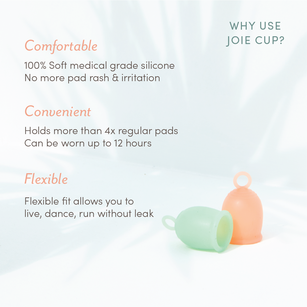 Joie cup with text highlighting comfort, convenience, and flexibility on a light blue background