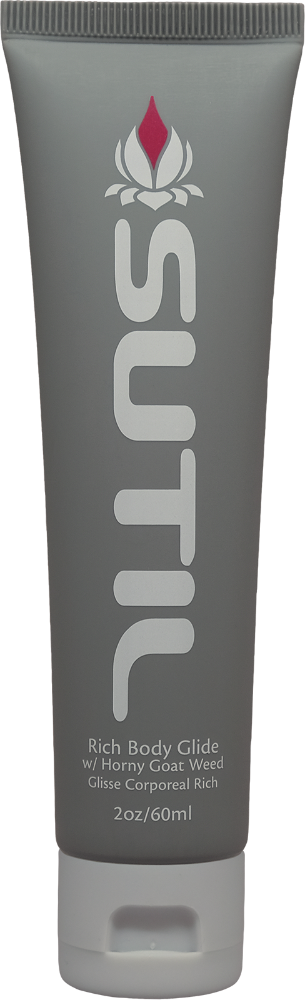A tube of SUTIL Rich body glide, with a gray color, labeled as a natural lubricant and moisturizer.