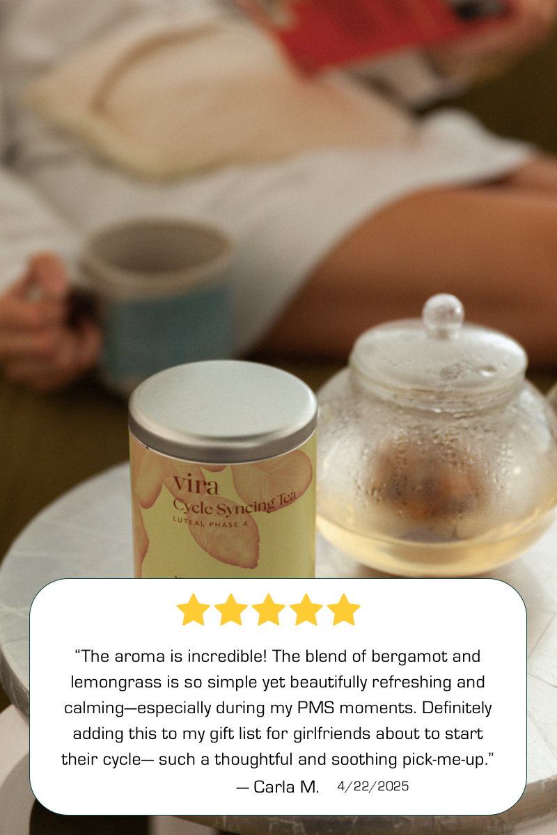 Cycle Syncing Tea luteal phase with a teapot and cup on a table, with a five-star rating text overlay.