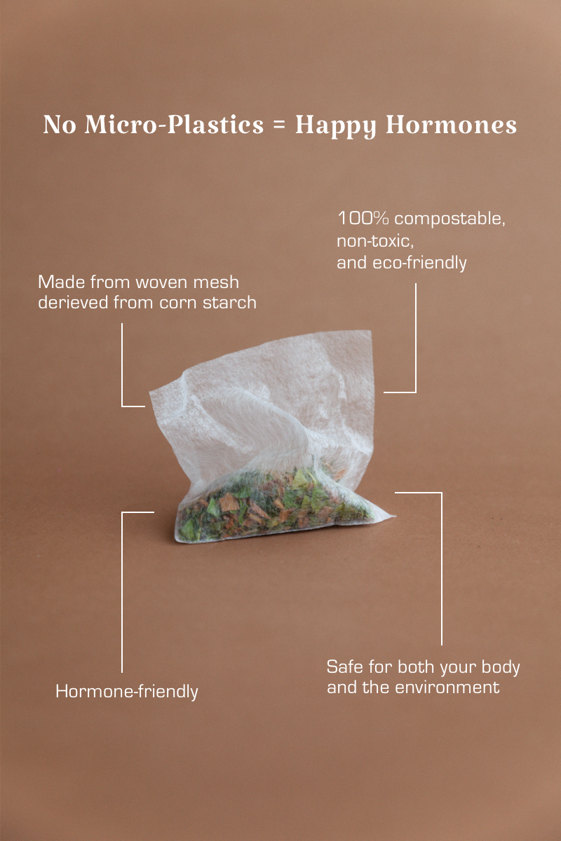 Vira luteal tea bag with text about micro-plastics, hormones, and eco-friendliness on a brown background.
