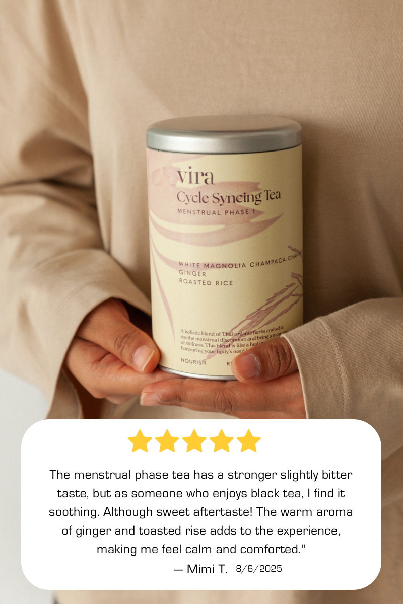 Person holding a tin of Vira Cycle Syncing Menstrual Tea with a five-star rating and review text.