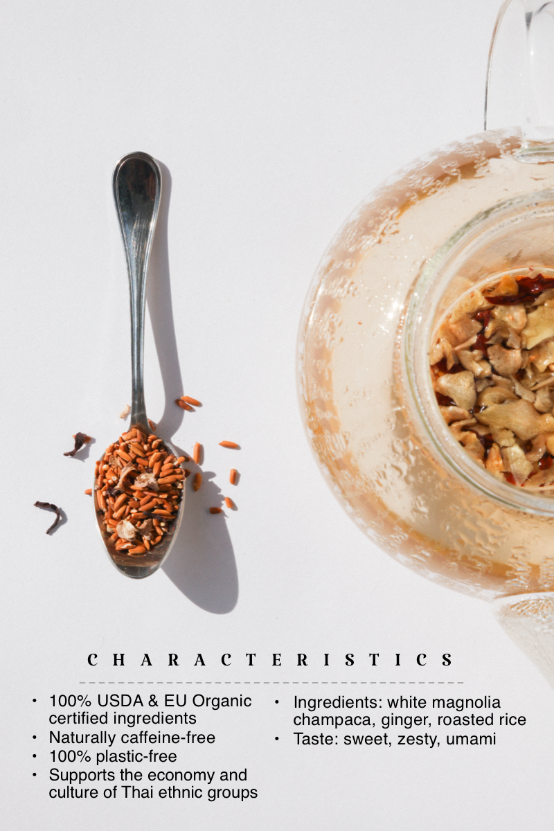 Tea pot with Vira menstrual tea and spoonful of tea blend on a white background, with product characteristics listed below.